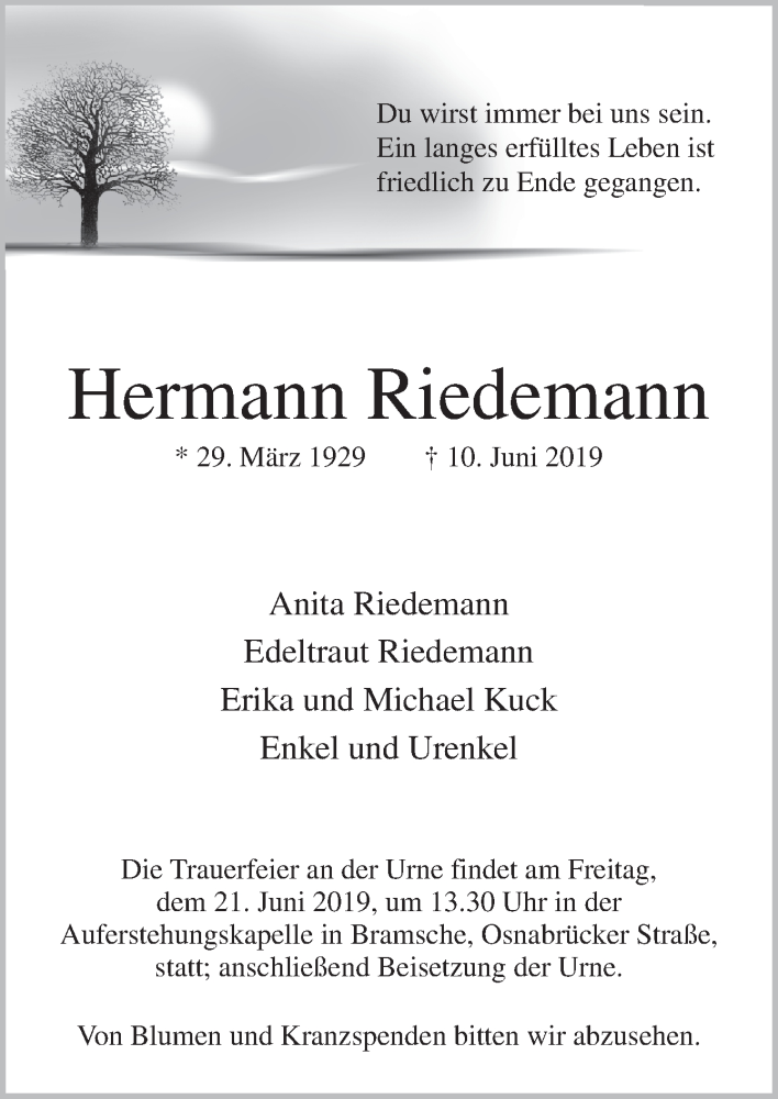  Traueranzeige für Hermann Riedemann vom 18.06.2019 aus Neue Osnabrücker Zeitung GmbH & Co. KG
