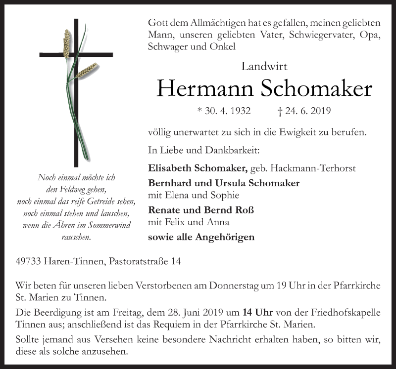  Traueranzeige für Hermann Schomaker vom 26.06.2019 aus Neue Osnabrücker Zeitung GmbH & Co. KG