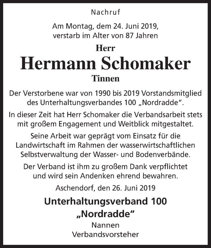  Traueranzeige für Hermann Schomaker vom 27.06.2019 aus Neue Osnabrücker Zeitung GmbH & Co. KG