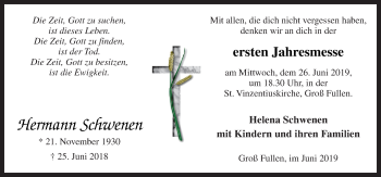 Traueranzeige von Hermann Schwenen von Neue Osnabrücker Zeitung GmbH & Co. KG
