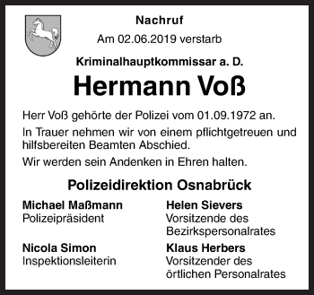 Traueranzeige von Hermann Voß von Neue Osnabrücker Zeitung GmbH & Co. KG