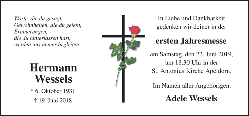  Traueranzeige für Hermann Wessels vom 19.06.2019 aus Neue Osnabrücker Zeitung GmbH & Co. KG