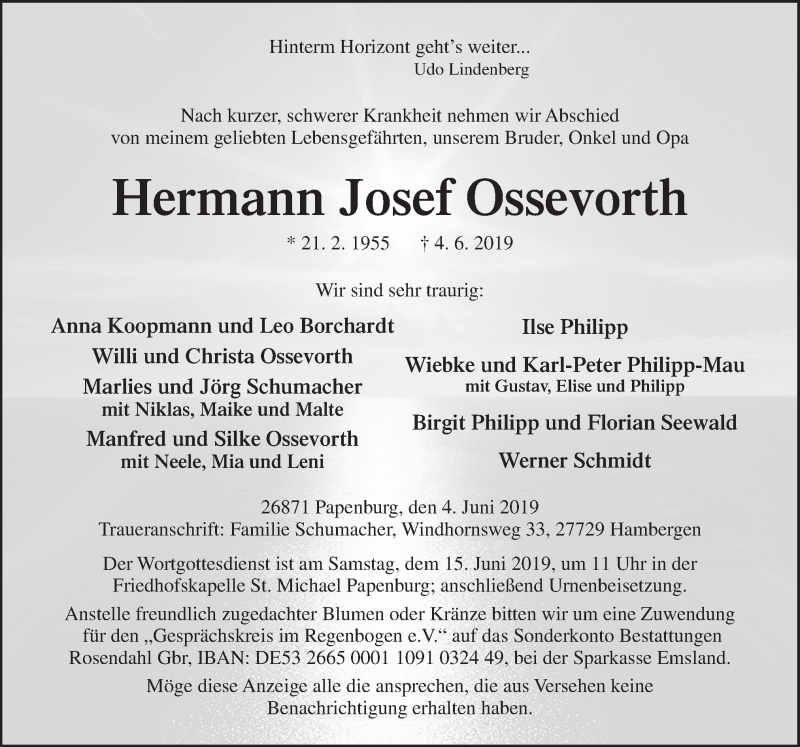  Traueranzeige für Hermann Josef Ossevorth vom 08.06.2019 aus Neue Osnabrücker Zeitung GmbH & Co. KG