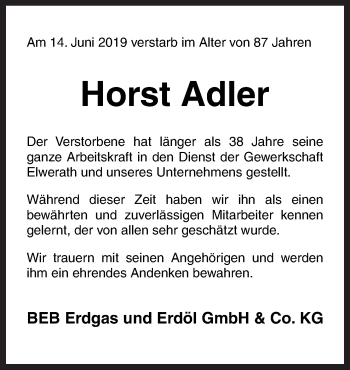 Traueranzeige von Horst Adler von Neue Osnabrücker Zeitung GmbH & Co. KG