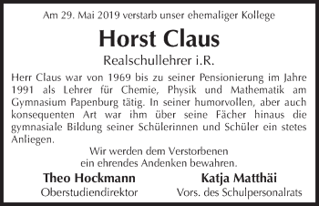Traueranzeige von Horst Claus von Neue Osnabrücker Zeitung GmbH & Co. KG