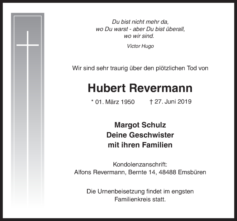  Traueranzeige für Hubert Revermann vom 29.06.2019 aus Neue Osnabrücker Zeitung GmbH & Co. KG