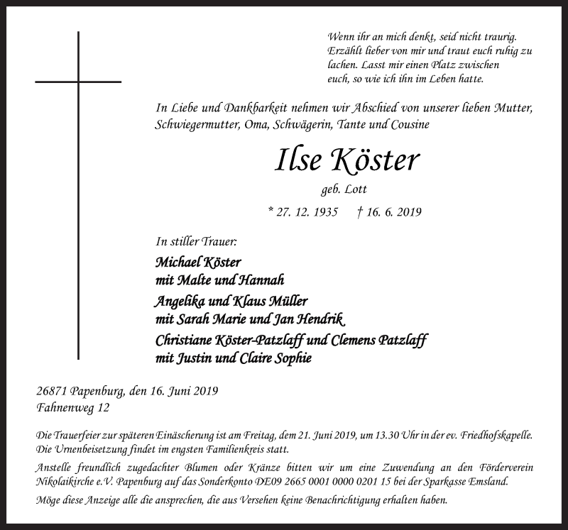  Traueranzeige für Ilse Köster vom 19.06.2019 aus Neue Osnabrücker Zeitung GmbH & Co. KG