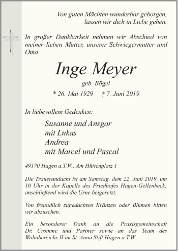 Traueranzeige von Inge Meyer von Neue Osnabrücker Zeitung GmbH & Co. KG