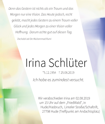 Traueranzeige von Irina Schlüter von Neue Osnabrücker Zeitung GmbH & Co. KG