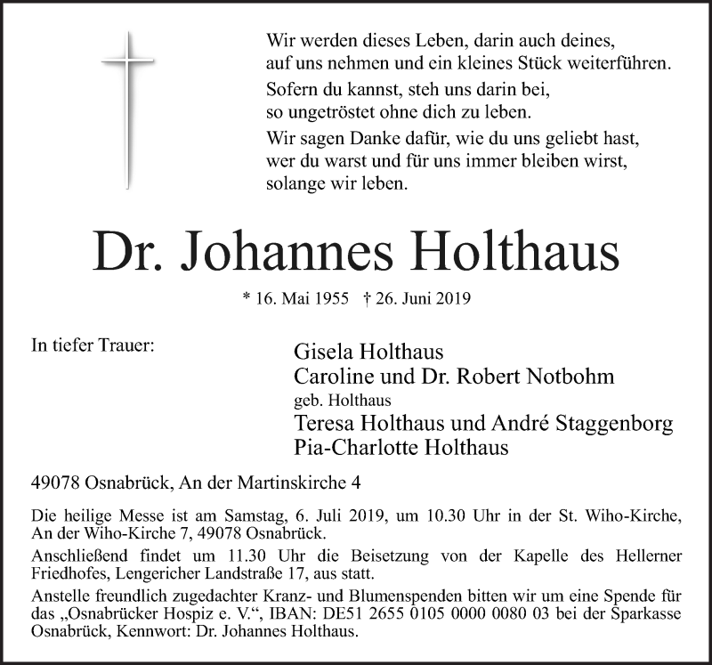  Traueranzeige für Johannes Holthaus vom 29.06.2019 aus Neue Osnabrücker Zeitung GmbH & Co. KG