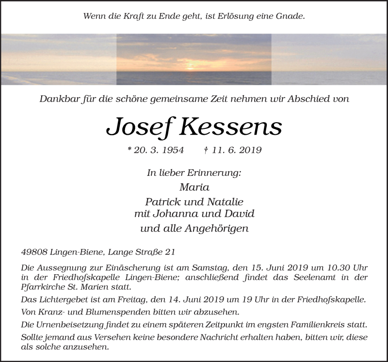  Traueranzeige für Josef Kessens vom 14.06.2019 aus Neue Osnabrücker Zeitung GmbH & Co. KG