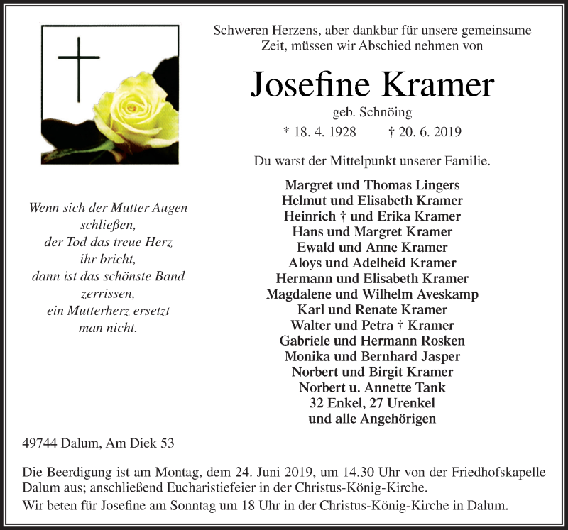  Traueranzeige für Josefine Kramer vom 22.06.2019 aus Neue Osnabrücker Zeitung GmbH & Co. KG