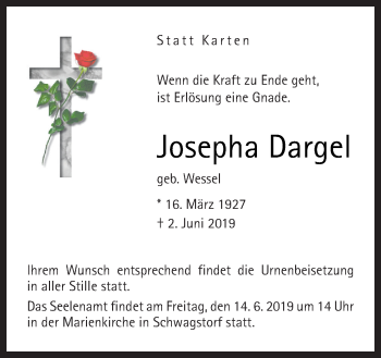 Traueranzeige von Josephs Dargel von Neue Osnabrücker Zeitung GmbH & Co. KG