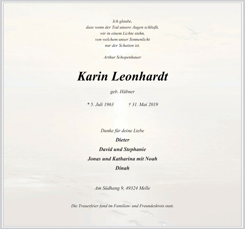  Traueranzeige für Karin Leonhardt vom 08.06.2019 aus Neue Osnabrücker Zeitung GmbH & Co. KG