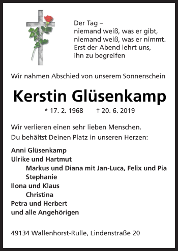 Traueranzeige von Kerstin Glüsenkamp von Neue Osnabrücker Zeitung GmbH & Co. KG