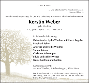 Traueranzeige von Kerstin Weber von Neue Osnabrücker Zeitung GmbH & Co. KG