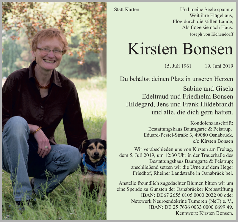  Traueranzeige für Kirsten Bonsen vom 28.06.2019 aus Neue Osnabrücker Zeitung GmbH & Co. KG