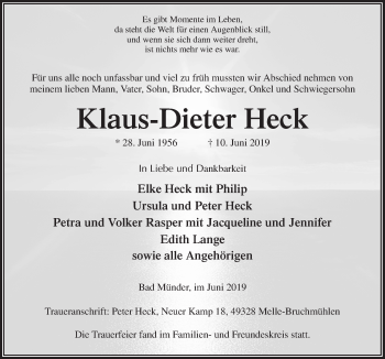 Traueranzeige von Klaus-Dieter Heck von Neue Osnabrücker Zeitung GmbH & Co. KG