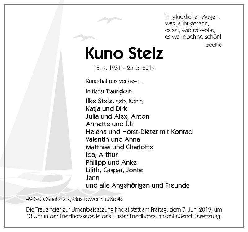  Traueranzeige für Kuno Stelz vom 01.06.2019 aus Neue Osnabrücker Zeitung GmbH & Co. KG