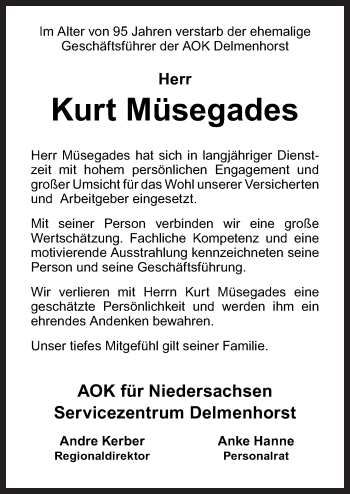 Traueranzeige von Kurt Müsegades von Neue Osnabrücker Zeitung GmbH & Co. KG