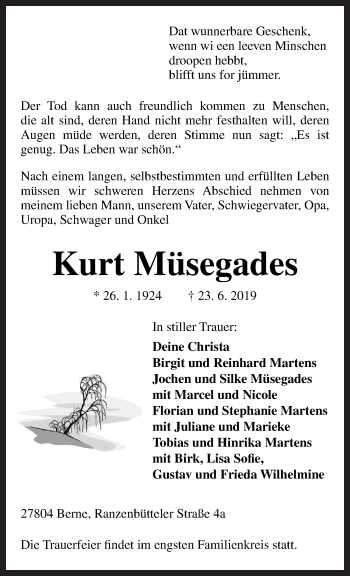 Traueranzeige von Kurt Müsegades von Neue Osnabrücker Zeitung GmbH & Co. KG