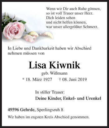 Traueranzeige von Lisa Kiwnik von Neue Osnabrücker Zeitung GmbH & Co. KG