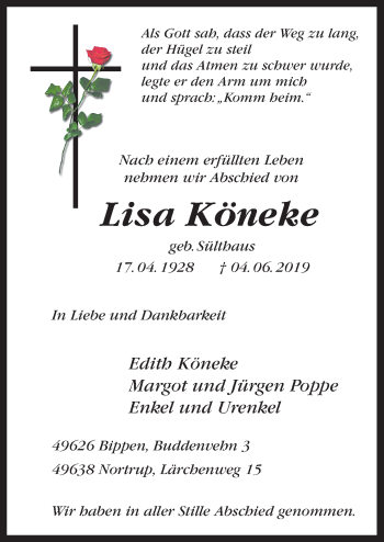 Traueranzeige von Lisa Köneke von Neue Osnabrücker Zeitung GmbH & Co. KG