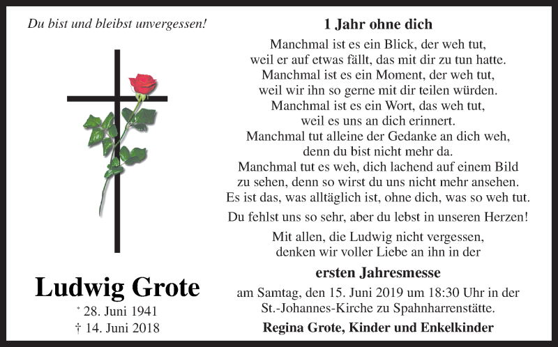  Traueranzeige für Ludwig Grote vom 14.06.2019 aus Neue Osnabrücker Zeitung GmbH & Co. KG