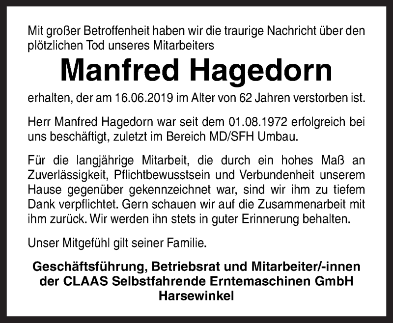 Traueranzeige für Manfred Hagedorn vom 21.06.2019 aus Neue Osnabrücker Zeitung GmbH & Co. KG