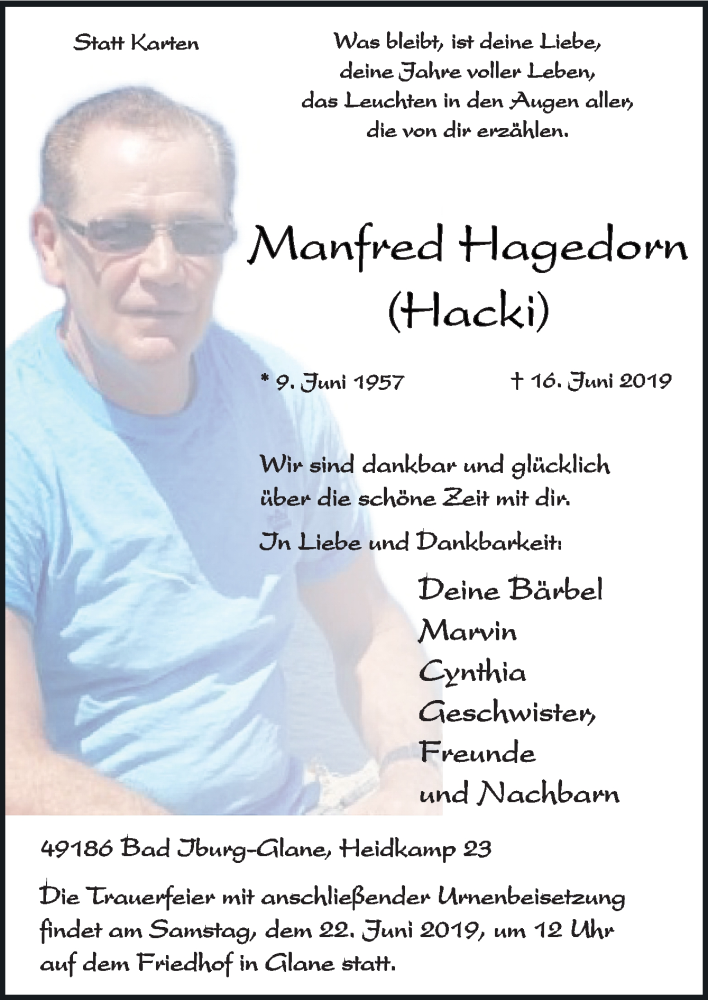  Traueranzeige für Manfred Hagedorn vom 20.06.2019 aus Neue Osnabrücker Zeitung GmbH & Co. KG