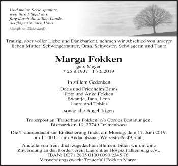 Traueranzeige von Marga Fokken von Neue Osnabrücker Zeitung GmbH & Co. KG