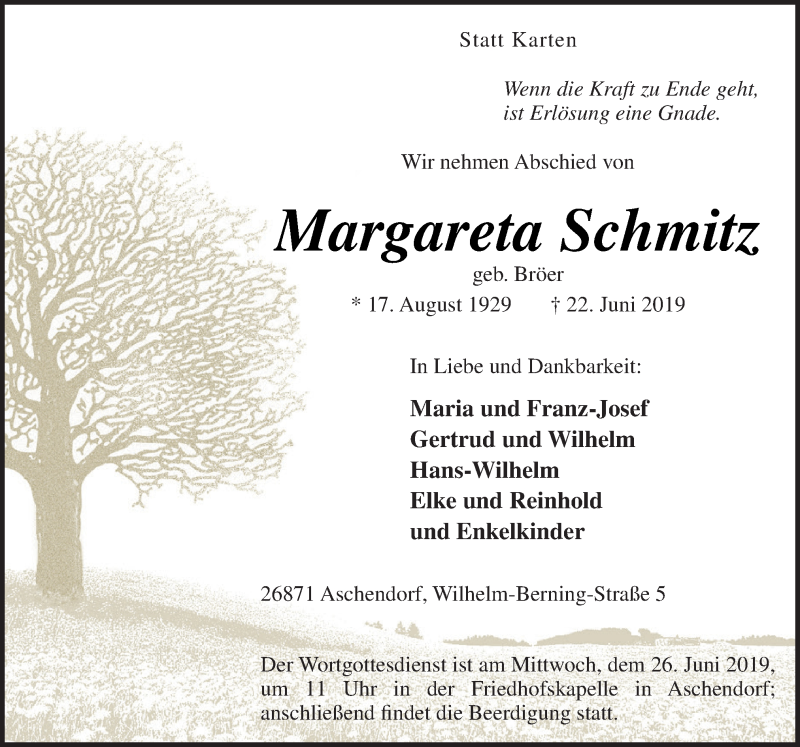  Traueranzeige für Margareta Schmitz vom 24.06.2019 aus Neue Osnabrücker Zeitung GmbH & Co. KG