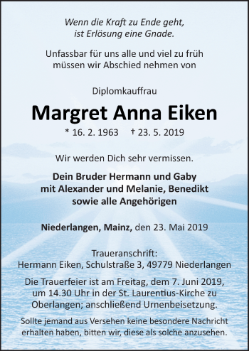 Traueranzeige von Margret Anna Eiken von Neue Osnabrücker Zeitung GmbH & Co. KG