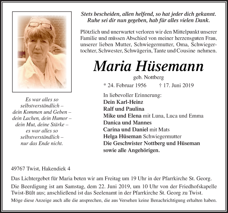  Traueranzeige für Maria Hüsemann vom 19.06.2019 aus Neue Osnabrücker Zeitung GmbH & Co. KG
