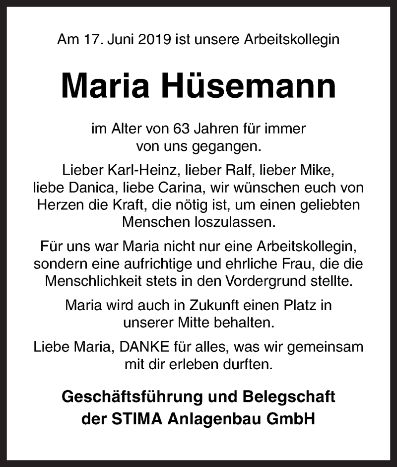  Traueranzeige für Maria Hüsemann vom 22.06.2019 aus Neue Osnabrücker Zeitung GmbH & Co. KG