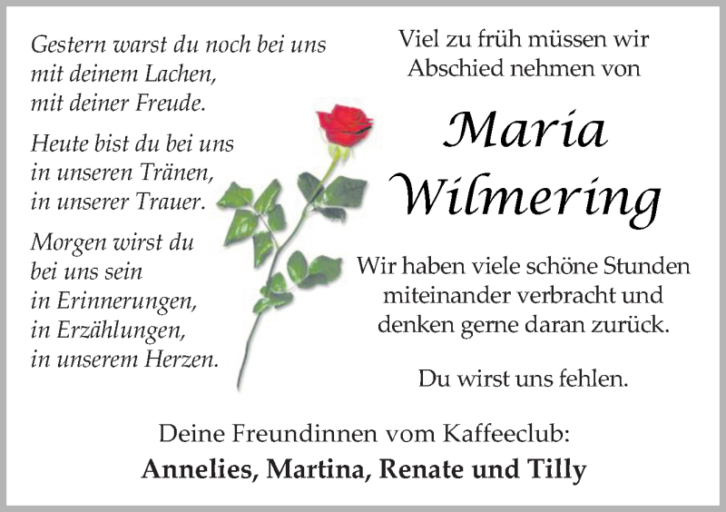  Traueranzeige für Maria Wilmering vom 22.06.2019 aus Neue Osnabrücker Zeitung GmbH & Co. KG