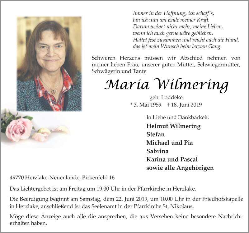  Traueranzeige für Maria Wilmering vom 20.06.2019 aus Neue Osnabrücker Zeitung GmbH & Co. KG