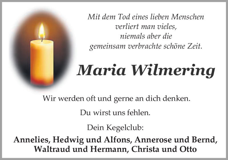  Traueranzeige für Maria Wilmering vom 22.06.2019 aus Neue Osnabrücker Zeitung GmbH & Co. KG