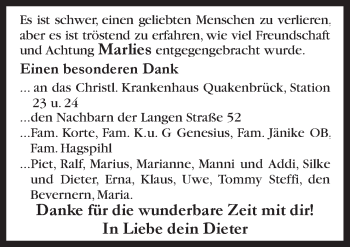 Traueranzeige von Marlies  von Neue Osnabrücker Zeitung GmbH & Co. KG