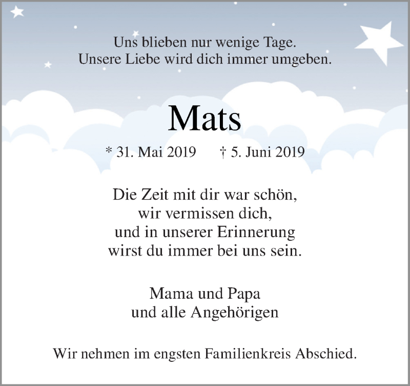  Traueranzeige für Mats  vom 15.06.2019 aus Neue Osnabrücker Zeitung GmbH & Co. KG