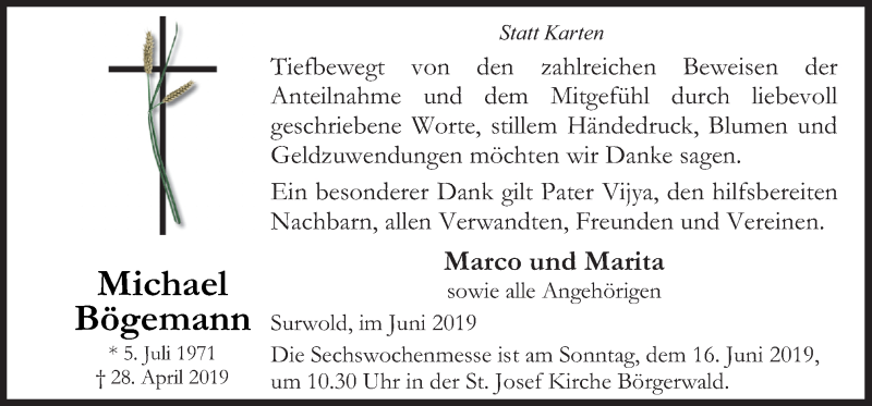  Traueranzeige für Michael Bögemann vom 08.06.2019 aus Neue Osnabrücker Zeitung GmbH & Co. KG