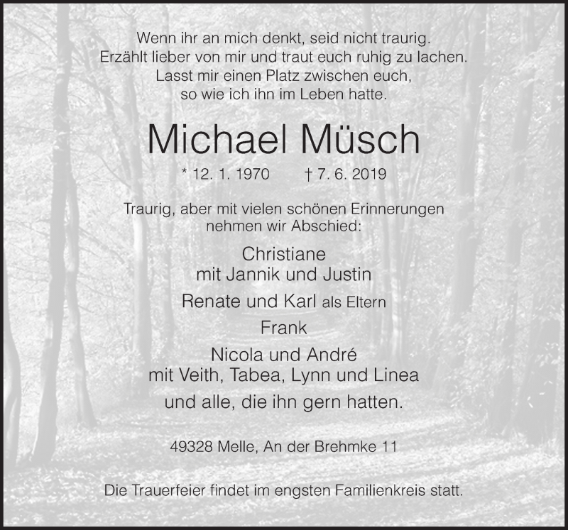  Traueranzeige für Michael Müsch vom 11.06.2019 aus Neue Osnabrücker Zeitung GmbH & Co. KG