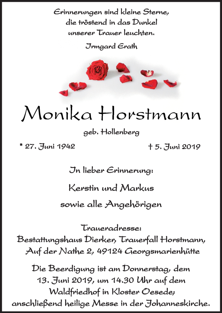 Traueranzeige für Monika Horstmann vom 08.06.2019 aus Neue Osnabrücker Zeitung GmbH & Co. KG