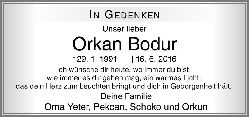  Traueranzeige für Orkan Bodur vom 15.06.2019 aus Neue Osnabrücker Zeitung GmbH & Co. KG