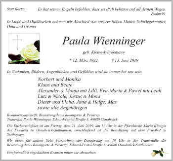 Traueranzeige von Paula Wienninger von Neue Osnabrücker Zeitung GmbH & Co. KG