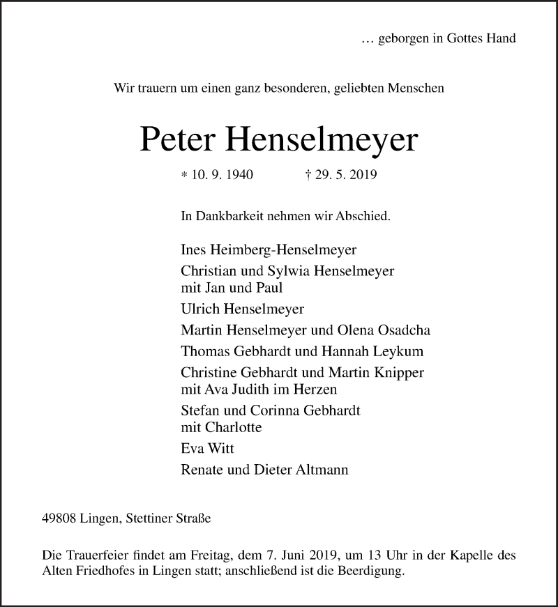  Traueranzeige für Peter Henselmeyer vom 01.06.2019 aus Neue Osnabrücker Zeitung GmbH & Co. KG