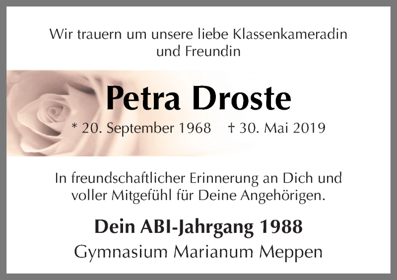  Traueranzeige für Petra Droste vom 08.06.2019 aus Neue Osnabrücker Zeitung GmbH & Co. KG