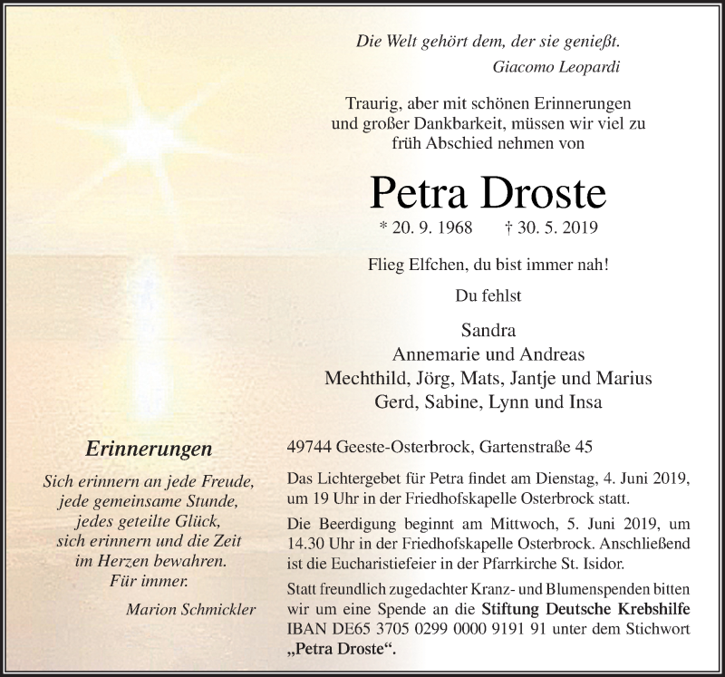  Traueranzeige für Petra Droste vom 03.06.2019 aus Neue Osnabrücker Zeitung GmbH & Co. KG
