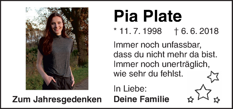  Traueranzeige für Pia Plate vom 06.06.2019 aus Neue Osnabrücker Zeitung GmbH & Co. KG