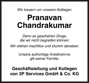 Traueranzeige von Pranavan Chandrakumar von Neue Osnabrücker Zeitung GmbH & Co. KG